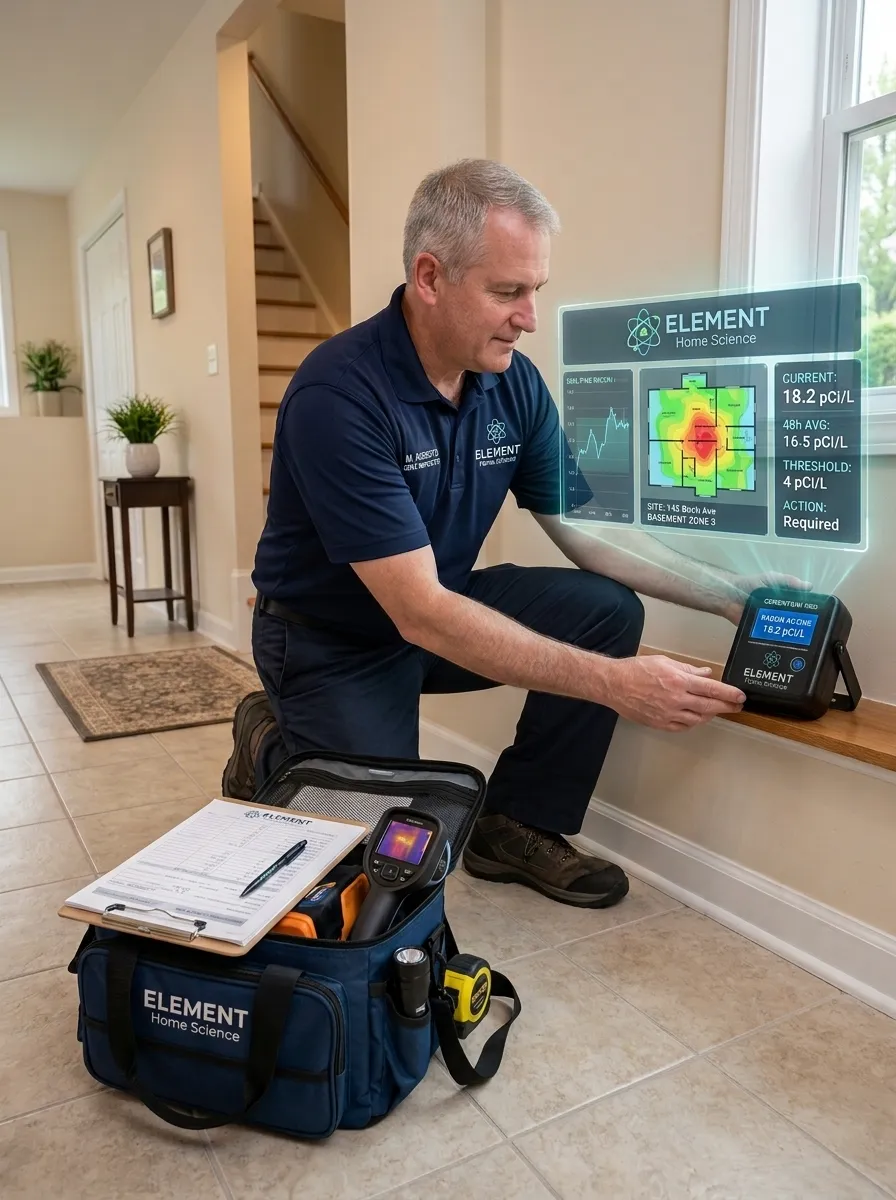 Home inspector placing radon device
