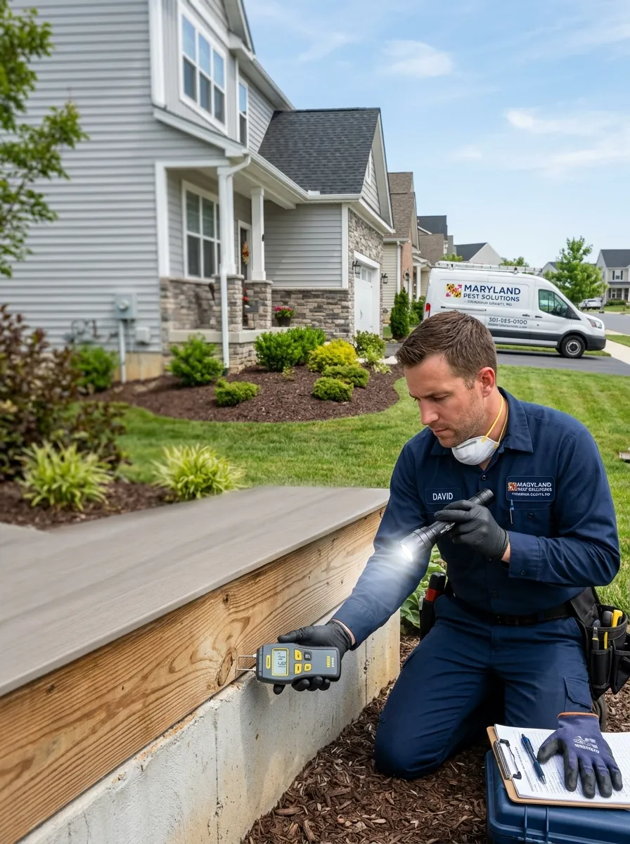 Termite technician inspecting home